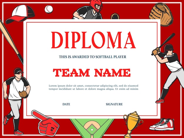 Vettore certificato di premio per la squadra sportiva del diploma di baseball