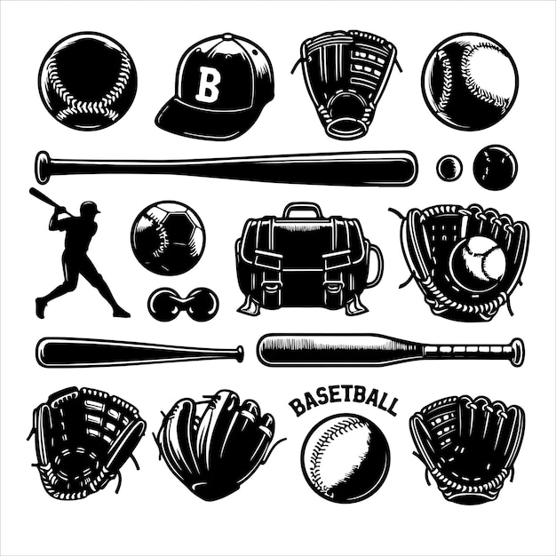Baseball element set met de hand getekende doodle