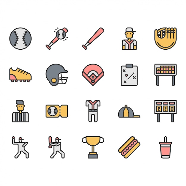 Set di icone e icone di attrezzature e attività di baseball