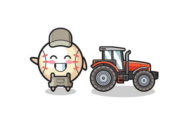 The baseball farmer mascot standing beside a tractor , cute design