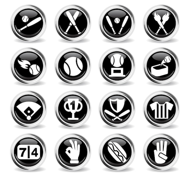 Baseball icons on round black buttons with metal ring