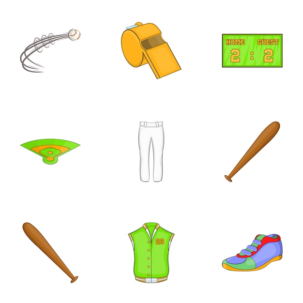 Vector baseball icons set, cartoon style