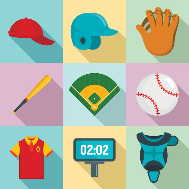 Baseball icons set, flat style