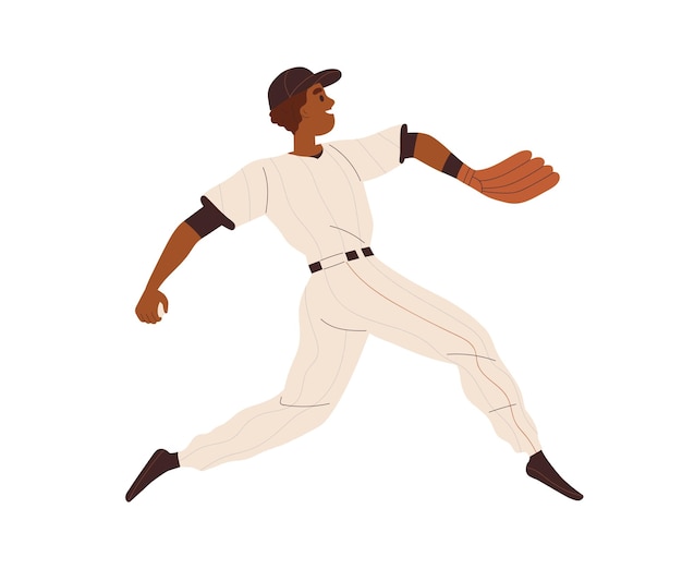 Baseball pitcher player running with ball to throw. Athlete thrower in pitch glove. Sports man playing game. Happy sportsman in action. Flat vector illustration isolated on white background