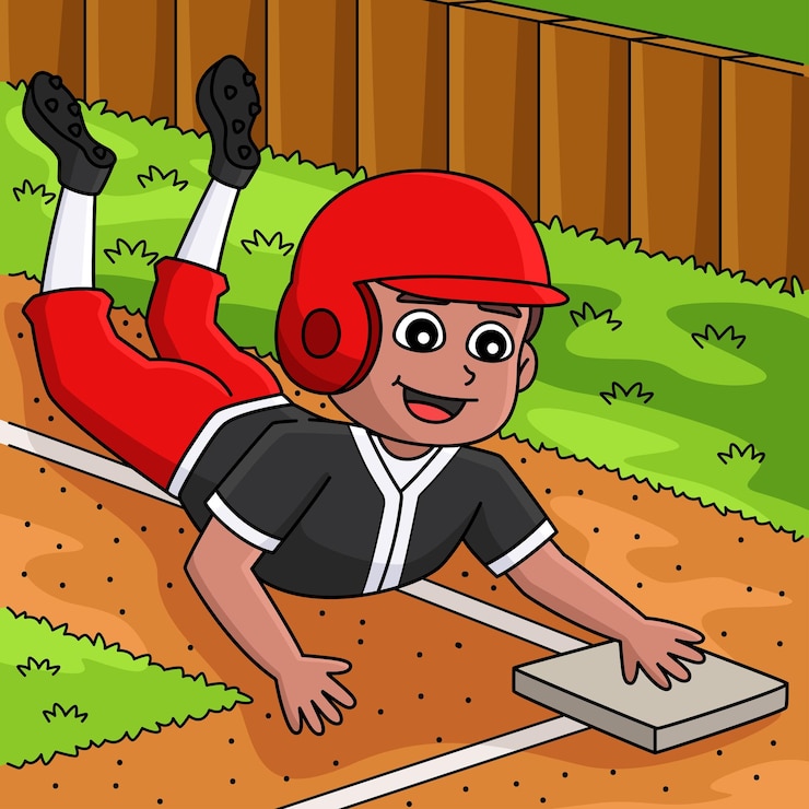 Vector baseball player stealing base colored cartoon