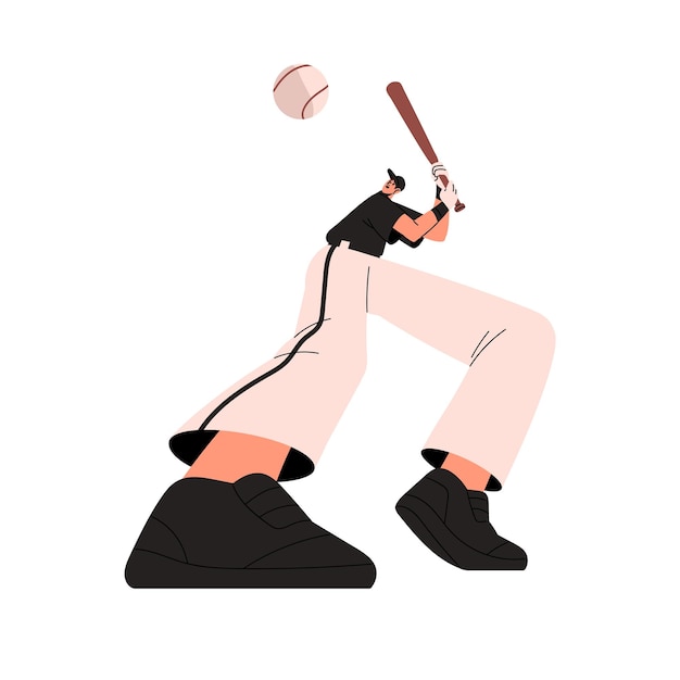 Baseball player swings to hit by bat professional sportsman play team field game batter hitter on base ball match competition sport training flat isolated vector illustration on white background