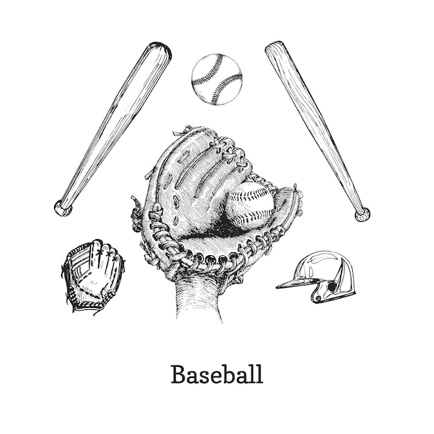 Vector baseball set hand drawn illustrations in vector sketches of sporting equipment