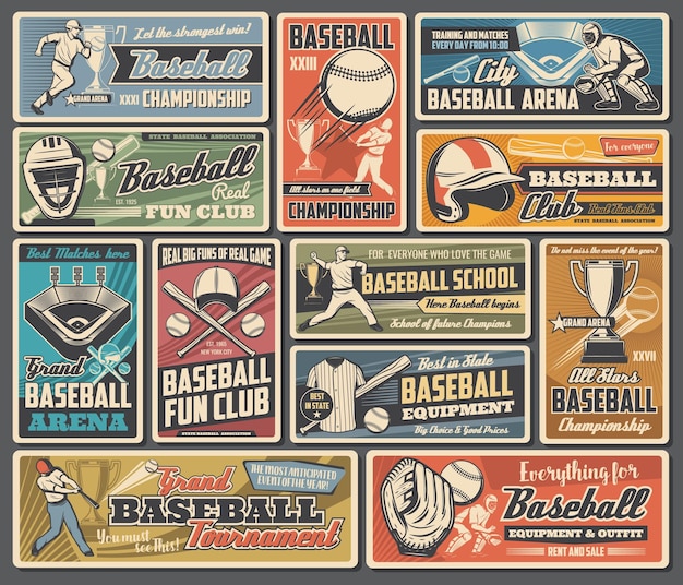 Baseball sport ball bat and player retro posters