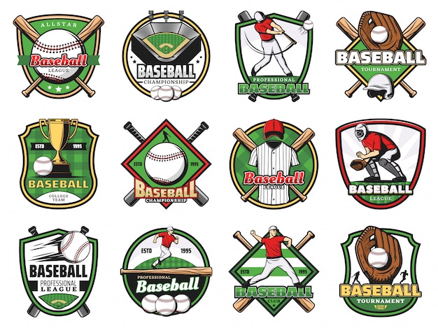 Vector baseball sport balls, bats, players, stadium field