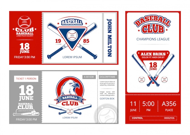 Baseball sports ticket vector design with vintage baseball team emblems