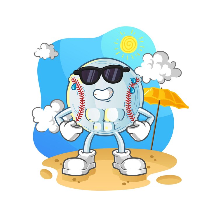 Vector 여름에 일광욕을 하는 야구. 문자 벡터