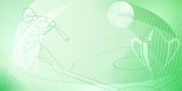 Baseball themed background in green tones with abstract dotted lines dots and curves with silhouettes of a baseball field cup ball and batsman