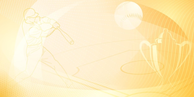 Vector baseball themed background in yellow tones with abstract dotted lines dots and curves with silhouettes of a baseball field cup ball and batsman