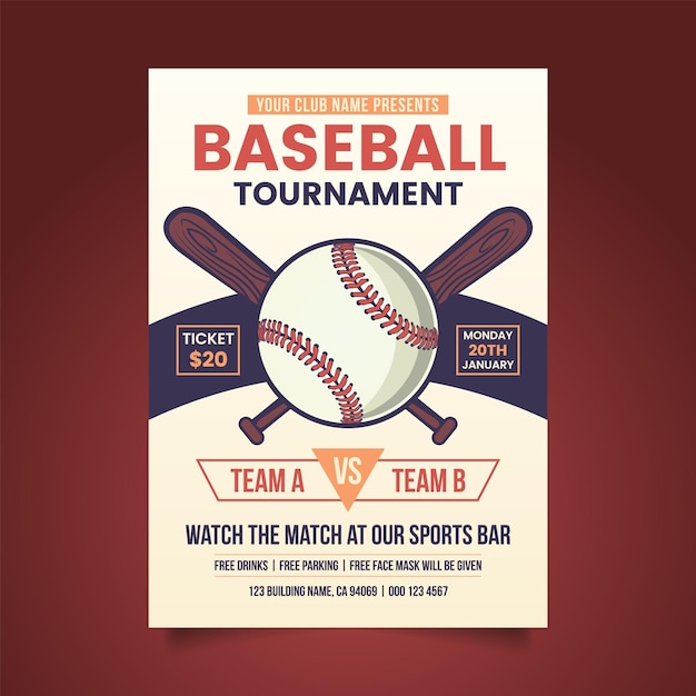 baseball tournament poster template with ball and crossed bats