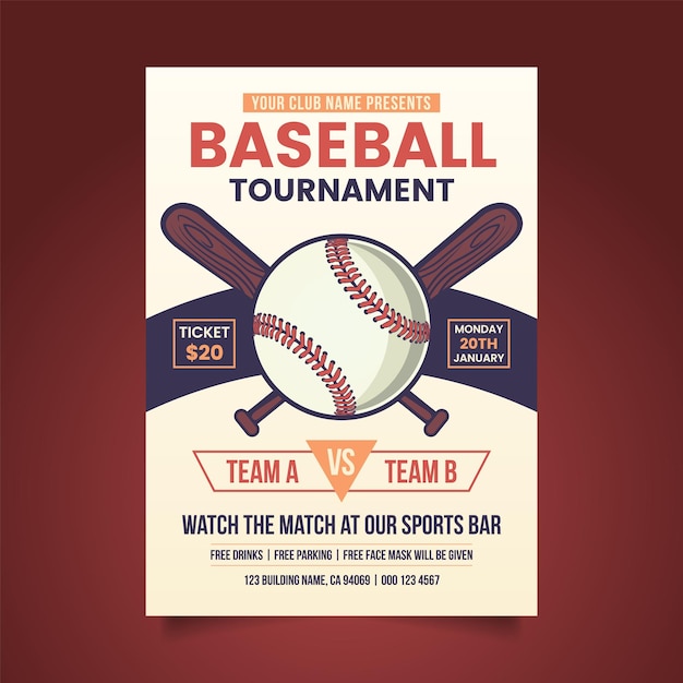 Vector baseball tournament poster template with ball and crossed bats