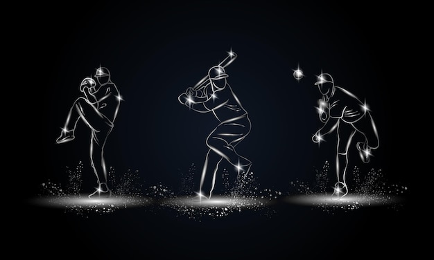 Baseballspelers set Metalen lineaire Baseballspeler illustratie voor sportbanner