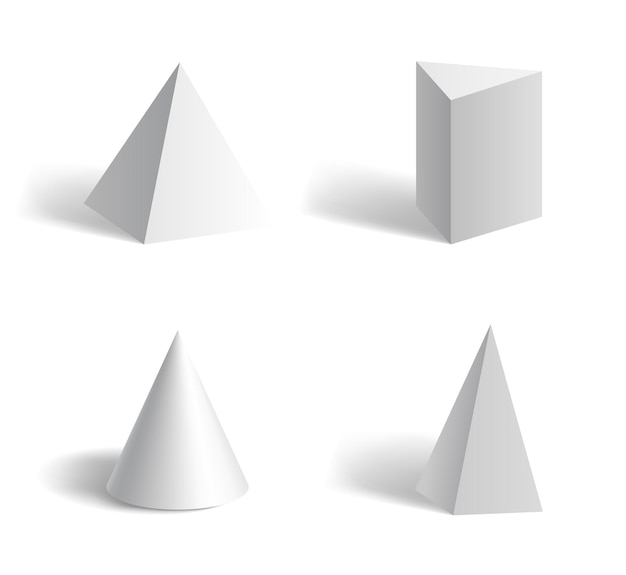 Basic 3d geometric pyramid shapes hexagonal, pentagonal, cone white