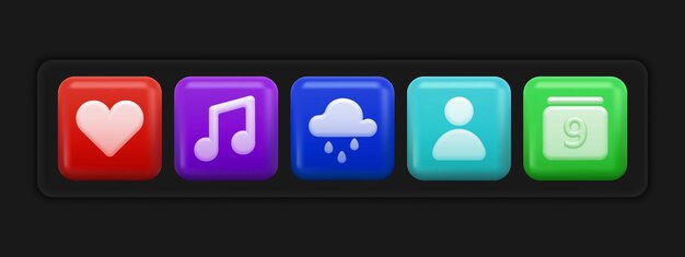 Basic 3d Icons Set. Colorful Ui Apps Buttons. Vector illustration