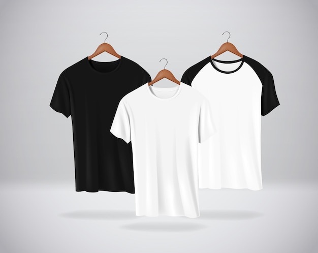 Basic and Baseball short sleeve TShirts Mockup clothes set hanging isolated on wall Front side view for your design or logo