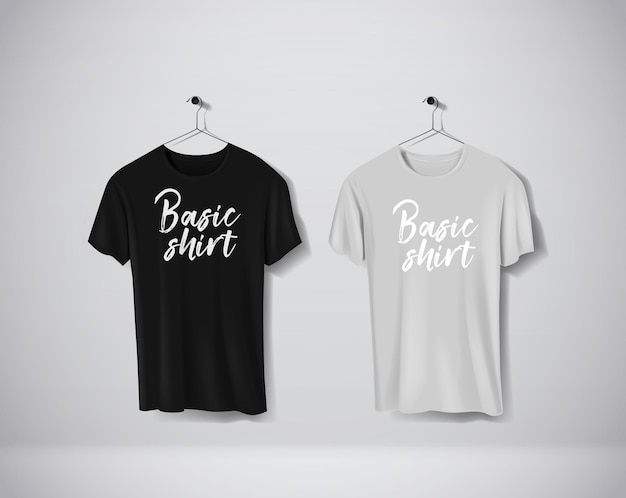 Vector basic black and gray short sleeve tshirts mockup clothes set hanging isolated on wall front side view with lettering for your design or logo