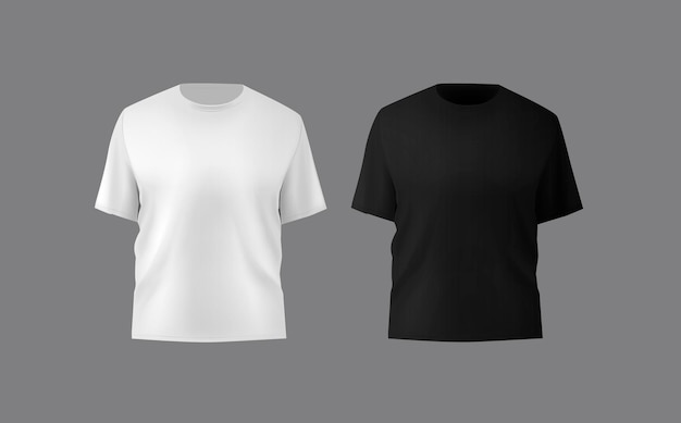 Maglietta maschile nera di base modello realistico vista anteriore e posteriore abbigliamento a modello di stampa tessile in bianco