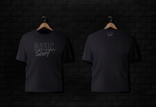 Vector basic black male tshirt realistic mockup front and back view blank textile print template clothing