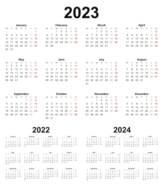 2023年と20222024年の基本カレンダー週は月曜日に始まります