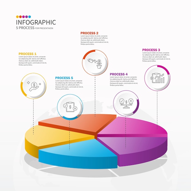 Basic circle 3D infographic template with 5 steps process or options process chart