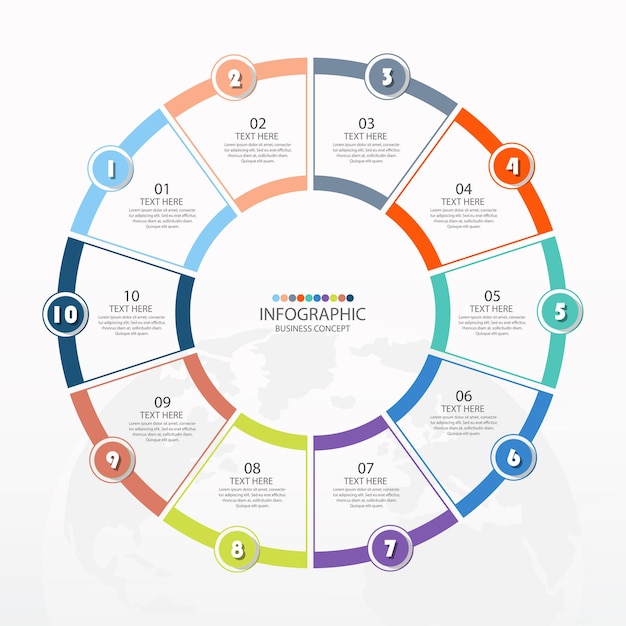 Базовый инфографический шаблон круга с 10 шагами, процессом или вариантами, диаграммой процесса.
