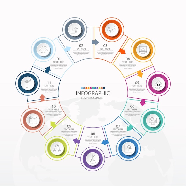 11단계, 프로세스 또는 옵션이 있는 기본 원 인포그래픽 템플릿