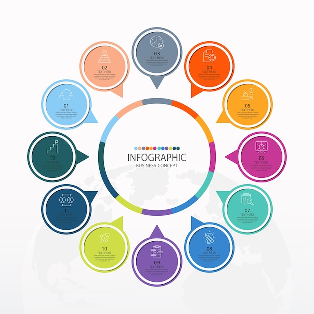 Modello di infografica cerchio di base con 12 passaggi, processo o opzioni, diagramma di processo, utilizzato per diagramma di processo, presentazioni, layout del flusso di lavoro, diagramma di flusso, infografico. illustrazione di vettore eps10.