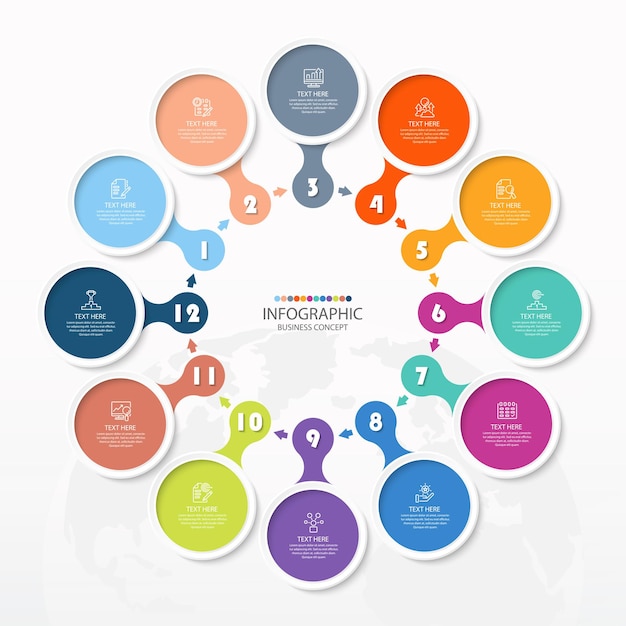 Basic circle infographic template with 12 steps, process or options.