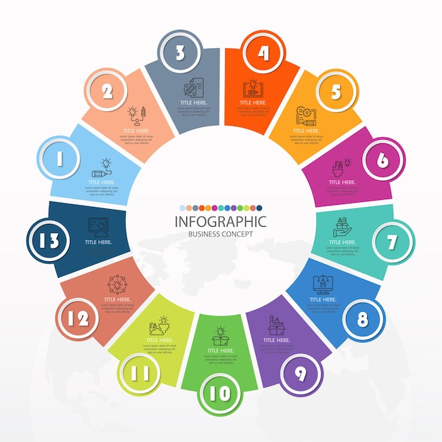 Modello di infografica circolare di base con 13 passaggi, processo o opzioni, diagramma di processo, utilizzato per diagramma di processo, presentazioni, layout del flusso di lavoro, diagramma di flusso, infografo. illustrazione di vettore eps10.