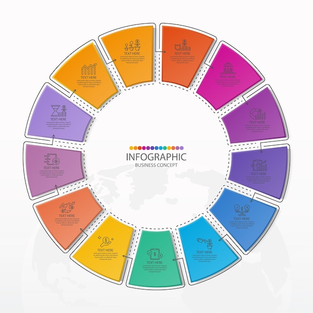 Basic circle infographic template with 13 steps process or options process chart