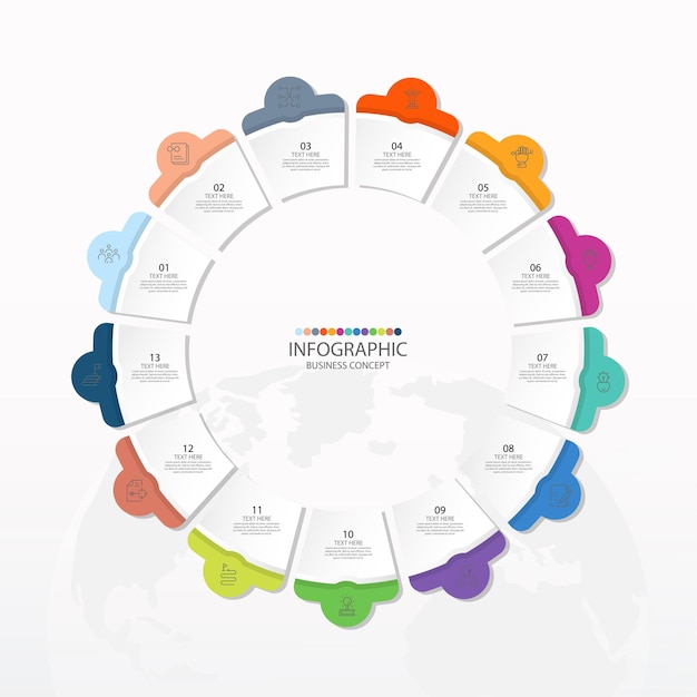 Базовый круговой инфографический шаблон с 13 шагами, процессом или вариантами, диаграммой процесса