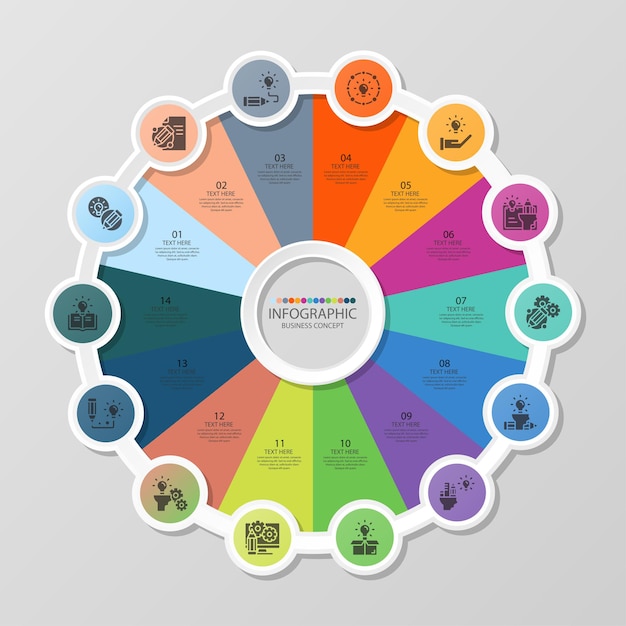 Базовый круговой инфографический шаблон с 14 шагами, процессом или вариантами, диаграммой процесса, используется для схемы процесса, презентаций, макета рабочего процесса, блок-схемы, инфографики. Векторная иллюстрация eps10.