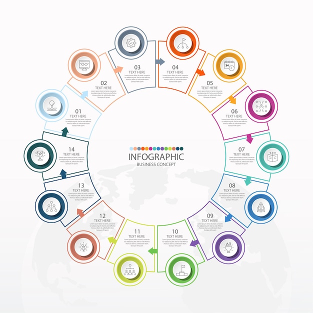 Basic circle infographic template with 14 steps, process or options