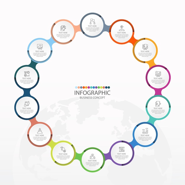 Basic circle infographic template with 14 steps.