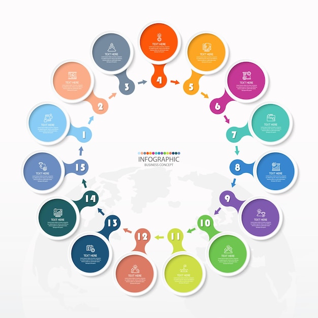 Basic circle infographic template with 15 steps, process or options.