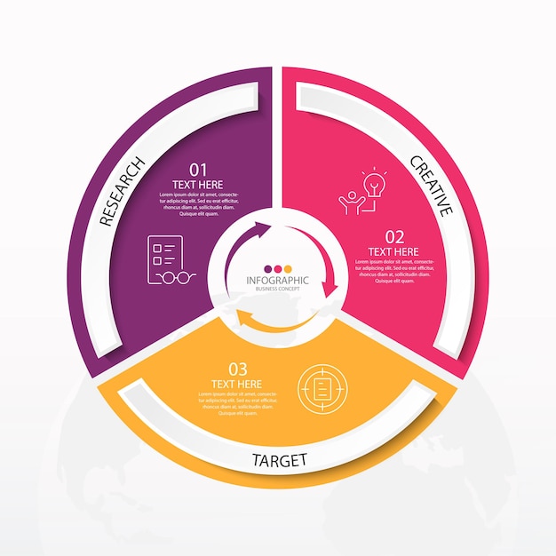 Modello di infografica cerchio di base con 3 passaggi, processo o opzioni, diagramma di processo, utilizzato per diagramma di processo, presentazioni, layout del flusso di lavoro, diagramma di flusso, infografo. illustrazione di vettore eps10.