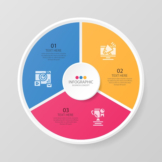 Modello di infografica cerchio di base con 3 passaggi, processo o opzioni, diagramma di processo, utilizzato per diagramma di processo, presentazioni, layout del flusso di lavoro, diagramma di flusso, infografo. illustrazione di vettore eps10.