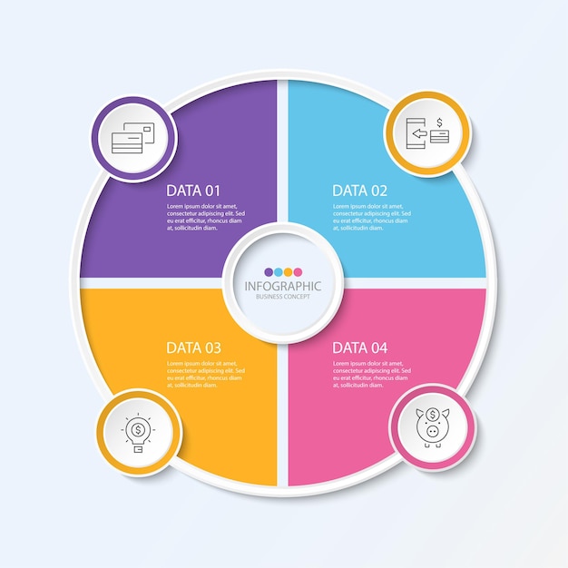 Modello di infografica cerchio di base con 4 passaggi, processo o opzioni, diagramma di processo