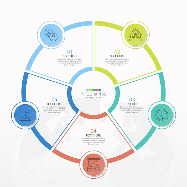 Modello di infografica cerchio di base con 5 passaggi, processo o opzioni, diagramma di processo, utilizzato per diagramma di processo, presentazioni, layout del flusso di lavoro, diagramma di flusso, infografo. illustrazione di vettore eps10.