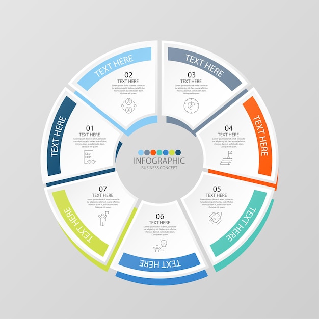 Modello di infografica cerchio di base con 7 passaggi, processo o opzioni, diagramma di processo, utilizzato per diagramma di processo, presentazioni, layout del flusso di lavoro, diagramma di flusso, infografo. illustrazione di vettore eps10.