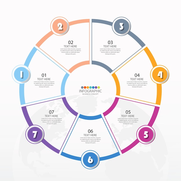 7 단계, 프로세스 또는 옵션, 프로세스 차트가있는 기본 원형 인포 그래픽 템플릿.