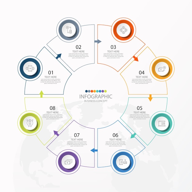 Базовый круговой инфографический шаблон с 8 шагами, процессом или вариантами, диаграммой процесса,