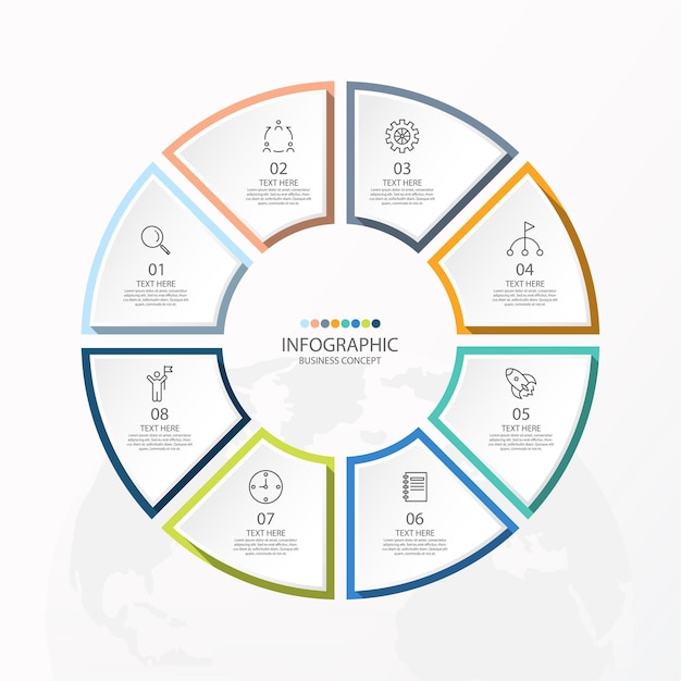 8 단계, 프로세스 또는 옵션, 프로세스 차트가있는 기본 원형 인포 그래픽 템플릿