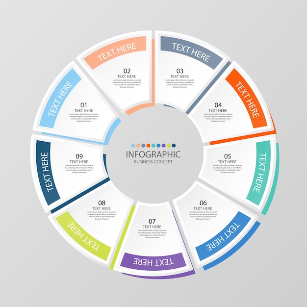 Modello di infografica cerchio di base con 9 passaggi, processo o opzioni, diagramma di processo, utilizzato per diagramma di processo, presentazioni, layout del flusso di lavoro, diagramma di flusso, infografico. illustrazione di vettore eps10.