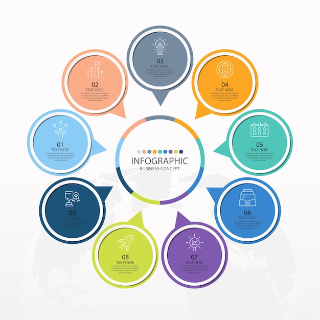 Basic circle infographic template with 9 steps, process or options, process chart, used for process diagram, presentations, workflow layout, flow chart, infograph. vector eps10 illustration.