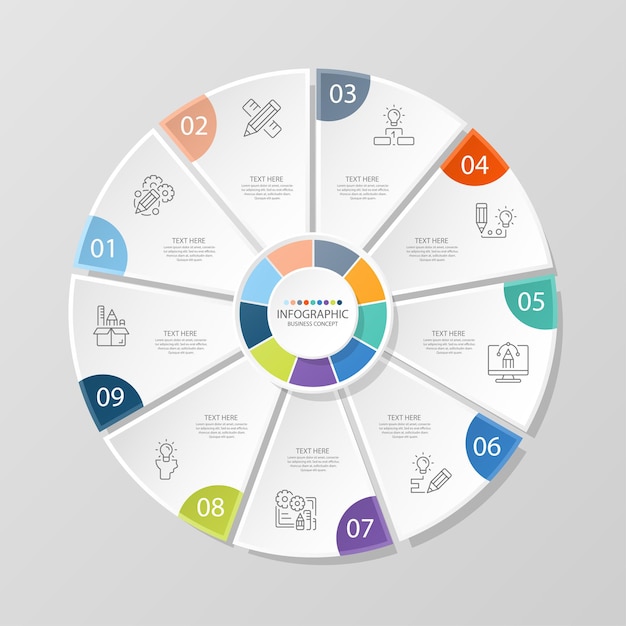 Modello di infografica cerchio di base con 9 passaggi, processo o opzioni, diagramma di processo, utilizzato per diagramma di processo, presentazioni, layout del flusso di lavoro, diagramma di flusso, infografico. illustrazione di vettore eps10.